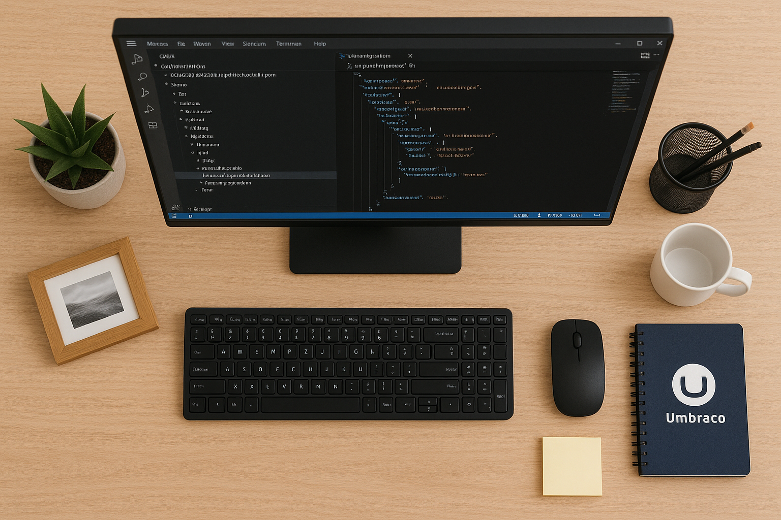 Image of a computer on a desk with a keyboard, mouse, notebook, picture, plant and mug