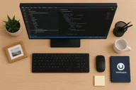 Image of a computer on a desk with a keyboard, mouse, notebook, picture, plant and mug