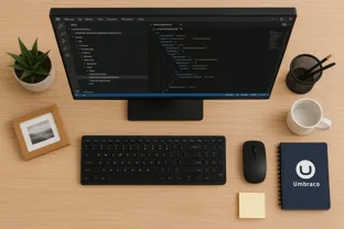 Image of a computer on a desk with a keyboard, mouse, notebook, picture, plant and mug