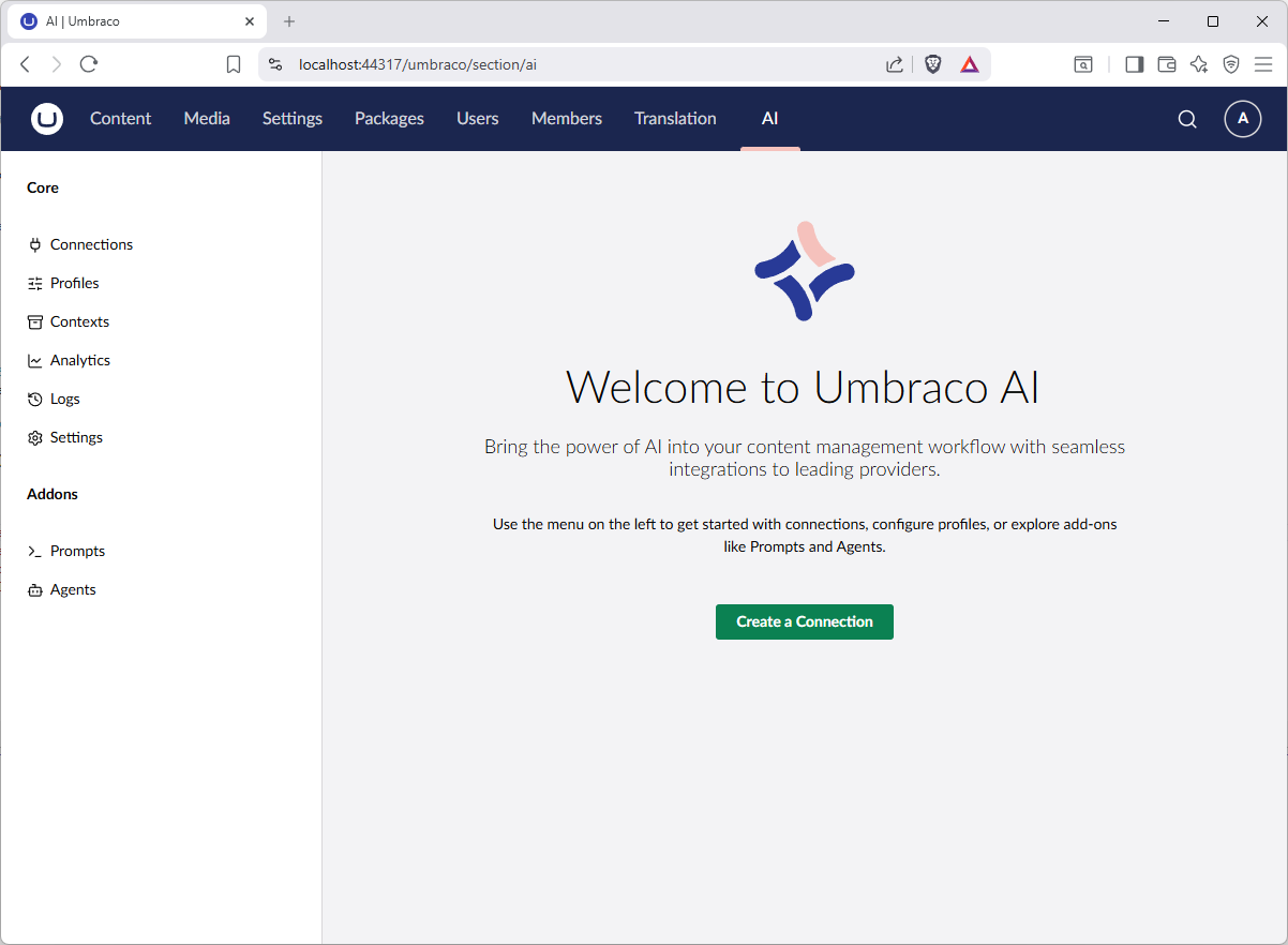 Screenshot of the AI section in Umbraco backoffice settings