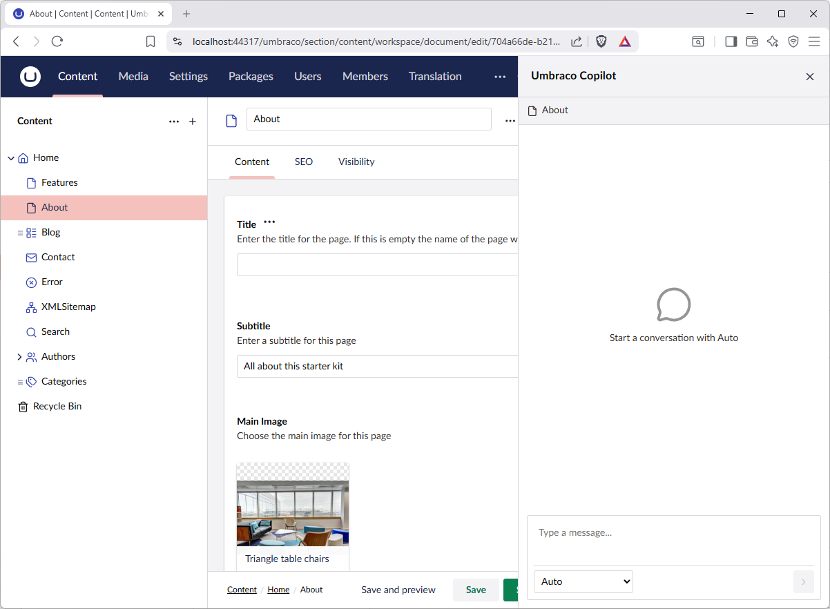 Screenshot of the Copilot sidebar open in the content section