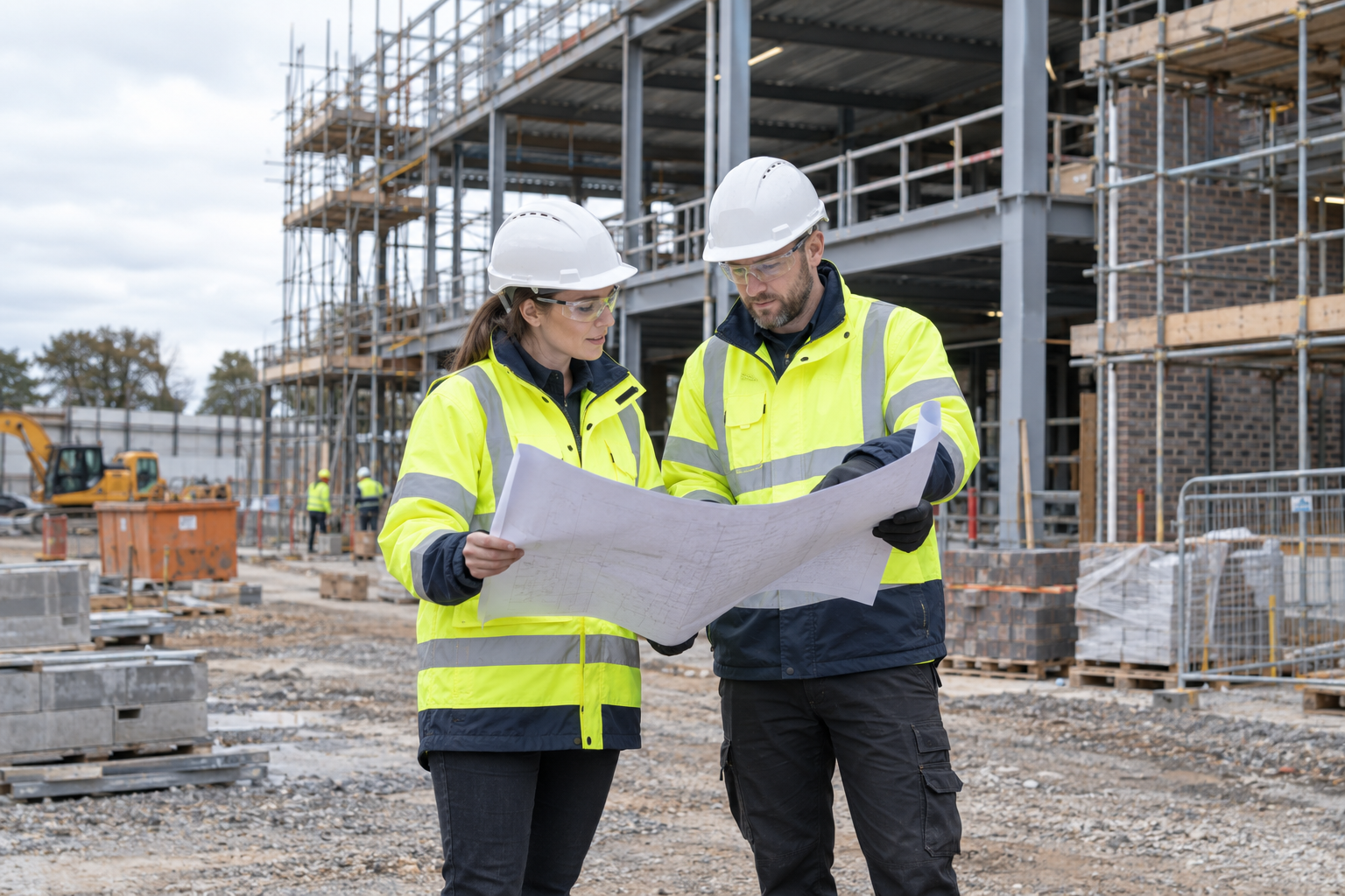 Construction professionals reviewing architectural plans on a UK building site