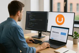 Image of a man looking at a laptop with two monitors