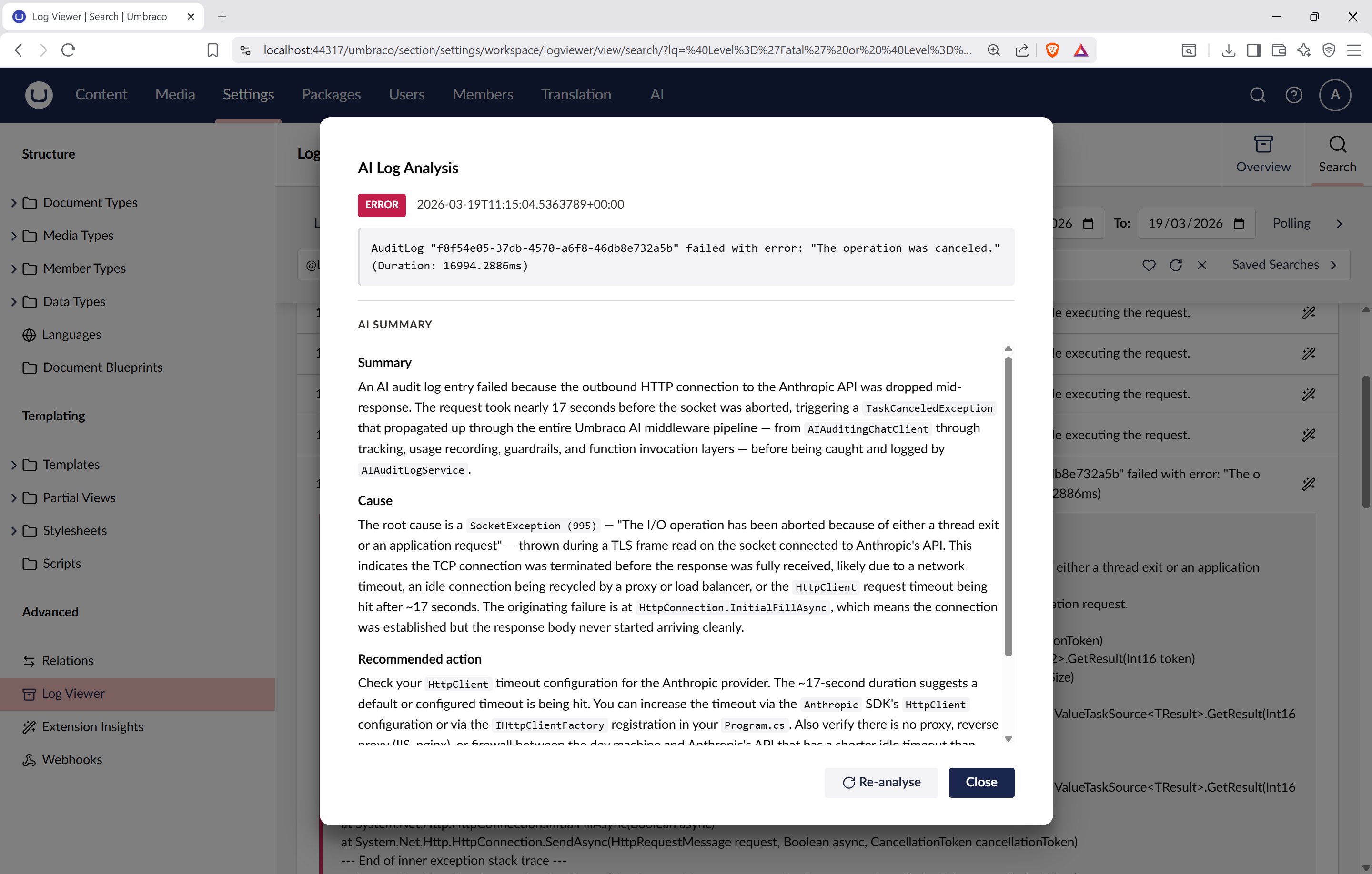 AI Log Analysis modal showing a summary, cause and recommended action for an error log entry