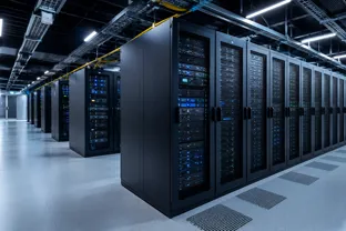 Rows of server racks in a data centre.