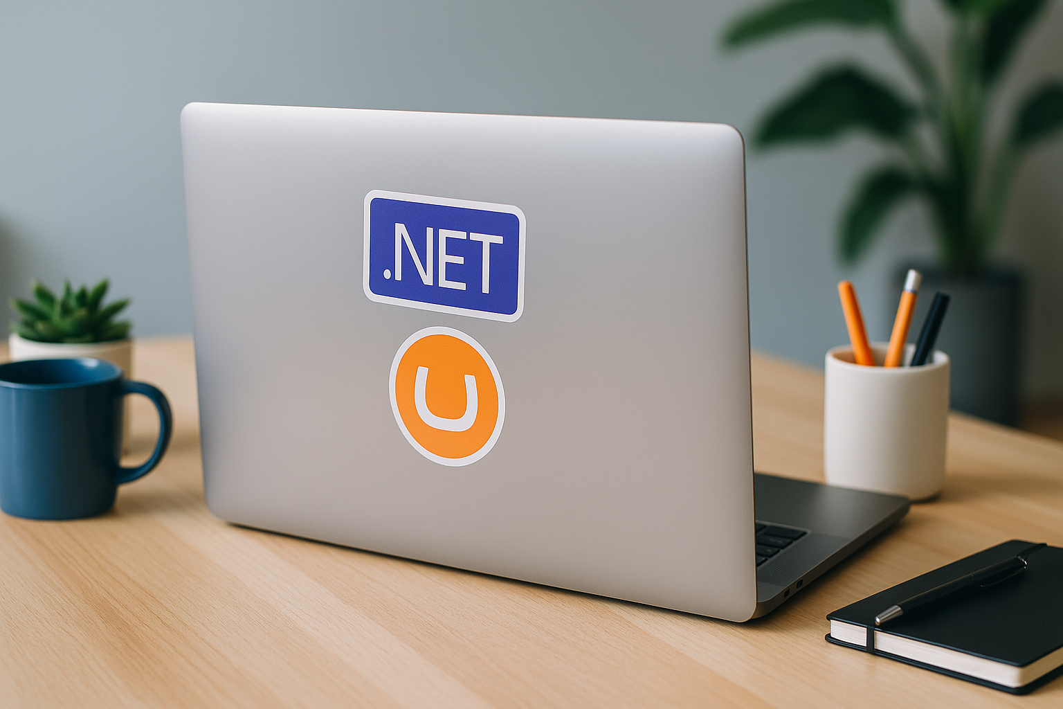 Image of an open laptop with a .NET and Umbraco sticker