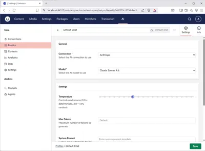 Screenshot of the profile configuration screen