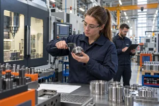 Manufacturing engineer inspecting a precision component on a modern factory floor