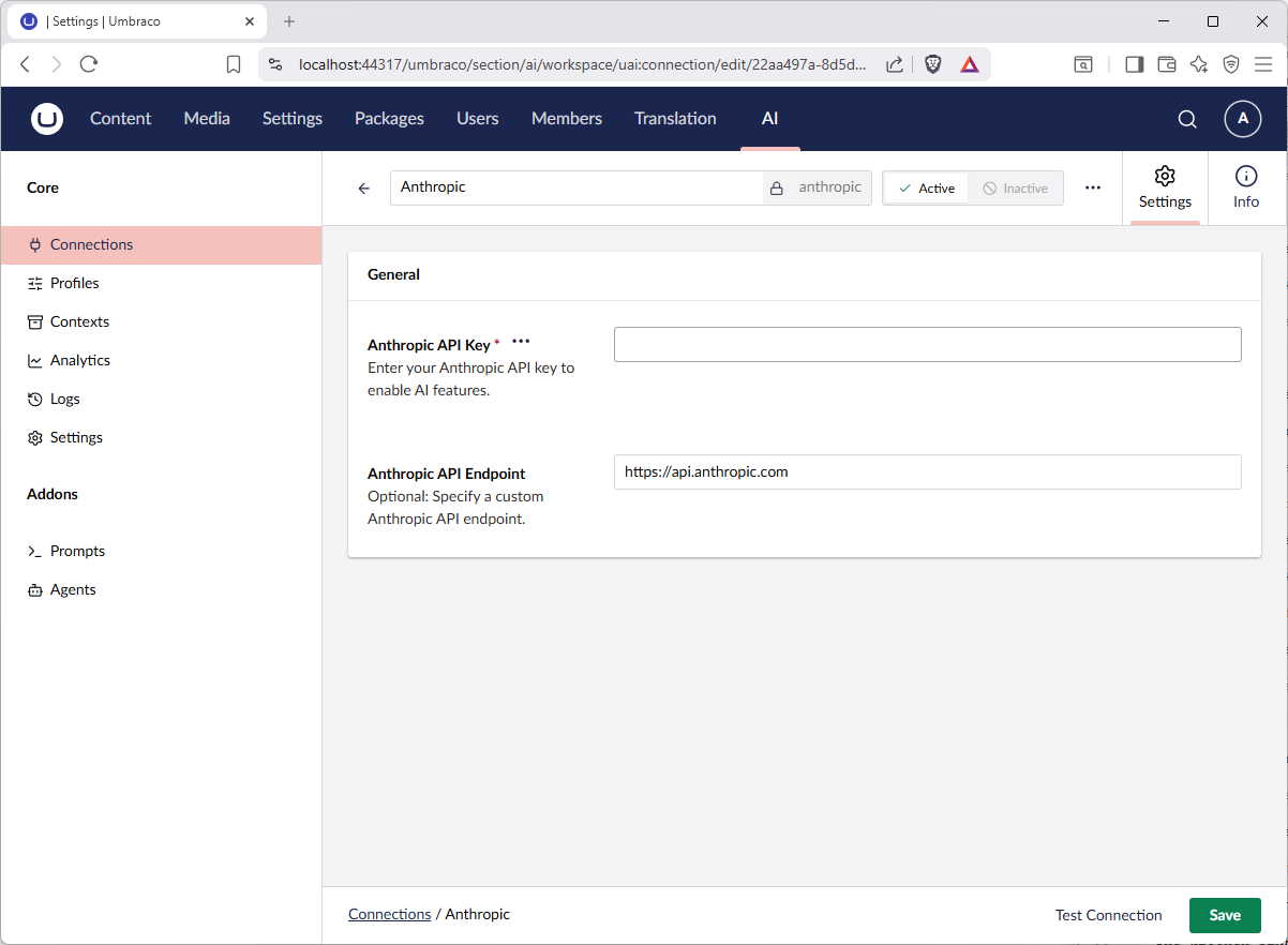 Screenshot of creating/editing an AI connection