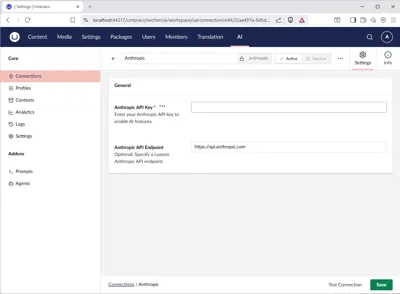 Screenshot of creating/editing an AI connection