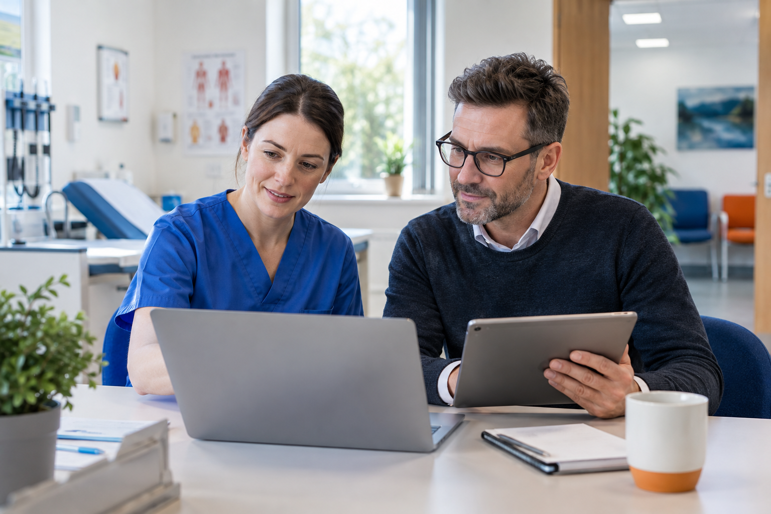 Healthcare professionals reviewing digital information in a modern UK clinic