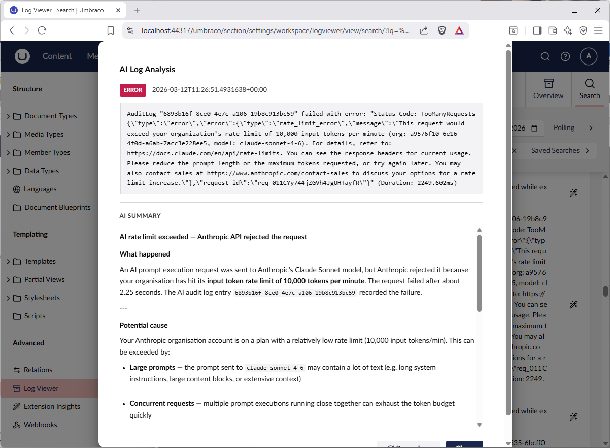 Screenshot of the AI log analysis modal showing a summarised error