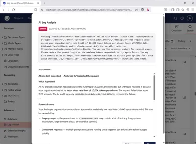 Screenshot of the AI log analysis modal showing a summarised error
