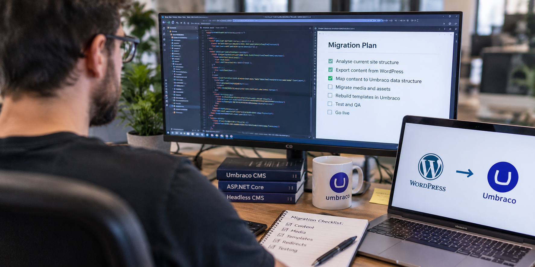 Image of a developer at a desk looking at a computer monitor and migration plan