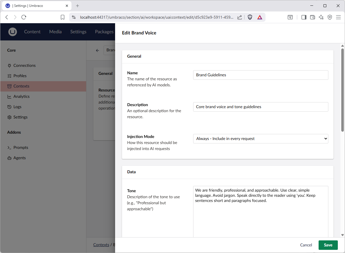 Screenshot of a context resource (e.g. brand voice)