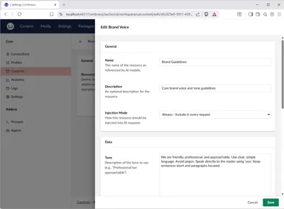 Screenshot of a context resource (e.g. brand voice)