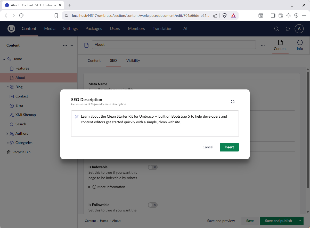 Screenshot of the SEO Description prompt in action on a content node