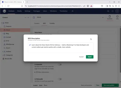 Screenshot of the SEO Description prompt in action on a content node