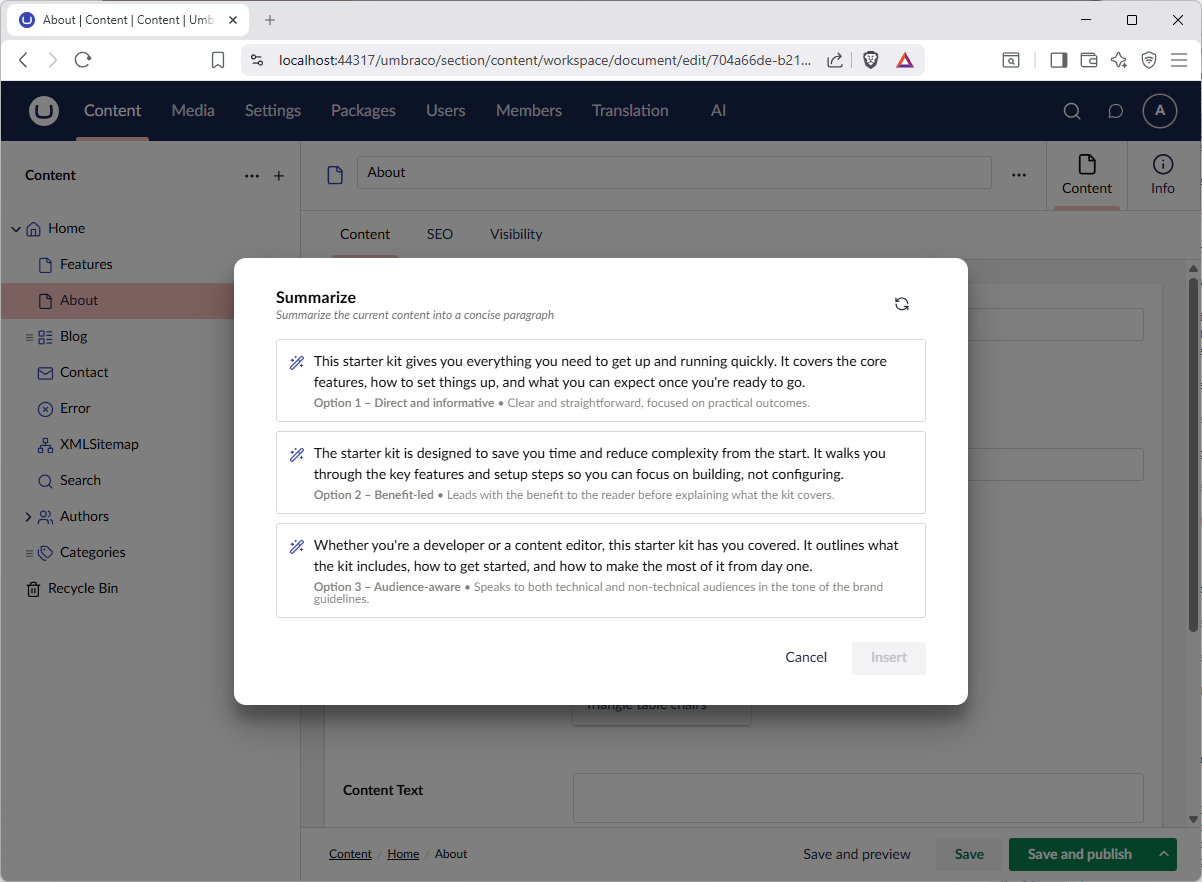 Screenshot of the Summarise prompt showing generated options